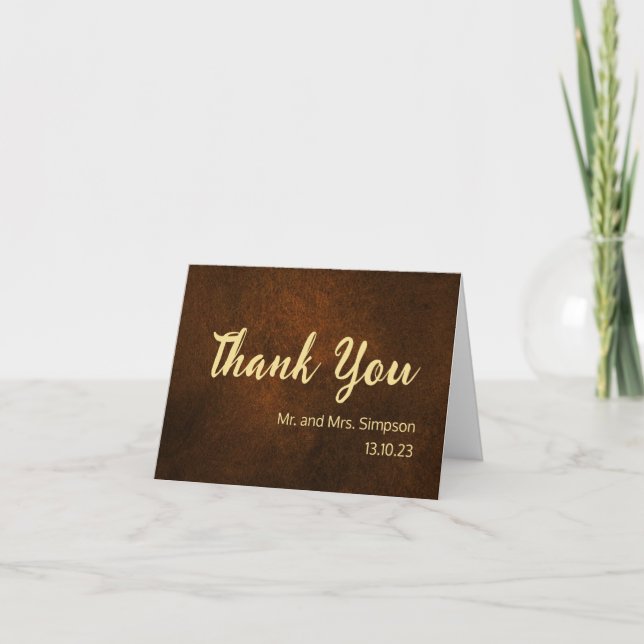 Chic Elegant Dark Brown Textured Gold Accent  Thank You Card (Front)