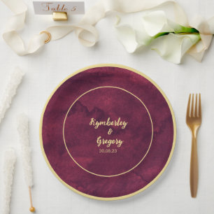 Chic Elegant Dark Burgundy Watercolor Gold Accent Paper Plate