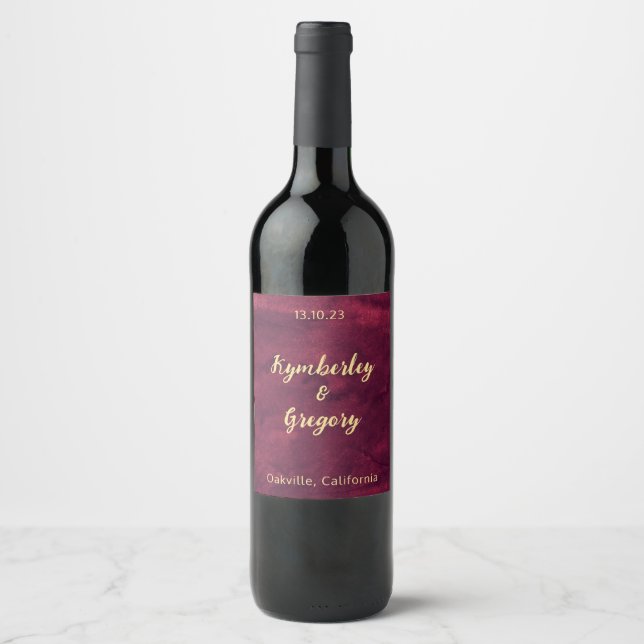 Chic Elegant Dark Burgundy Watercolor Gold Accent Wine Label (Front)
