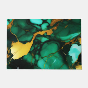 Chic Elegant dark green golden yellow Faux Marble  Doormat