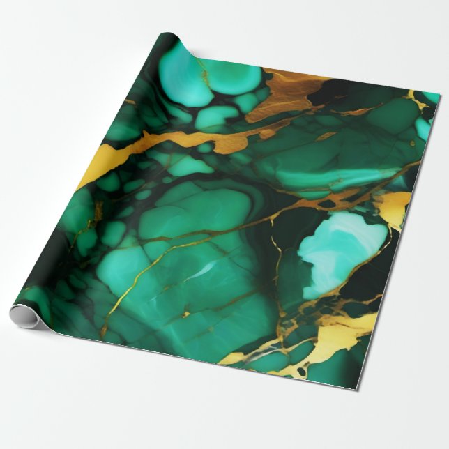Chic Elegant dark green golden yellow Faux Marble  Wrapping Paper (Unrolled)