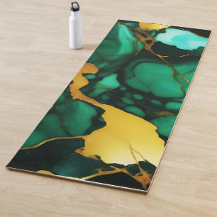 Chic Elegant dark green golden yellow Faux Marble  Yoga Mat