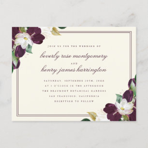Chic Elegant Deep Purple & Ivory Floral Wedding Invitation Postcard