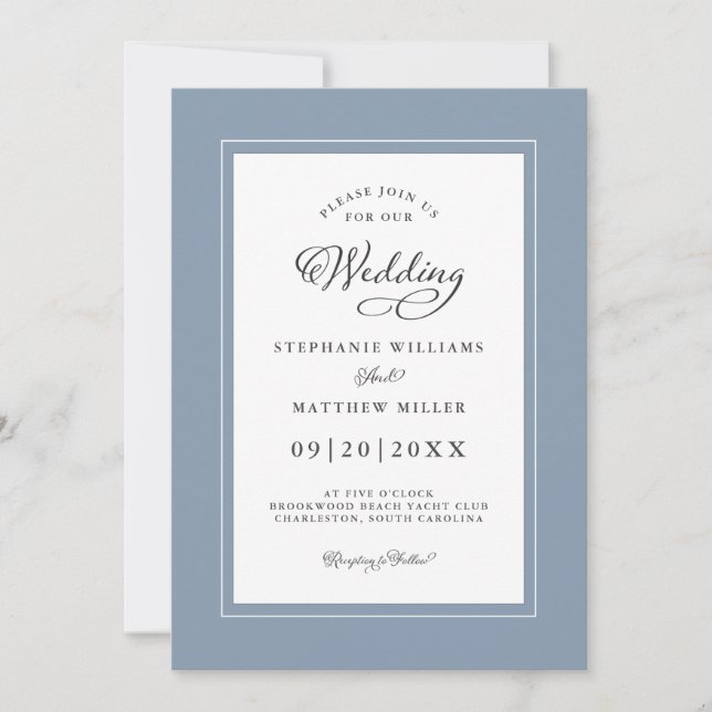 Chic Elegant Dusty Blue Wedding Modern Borders Invitation (Front)