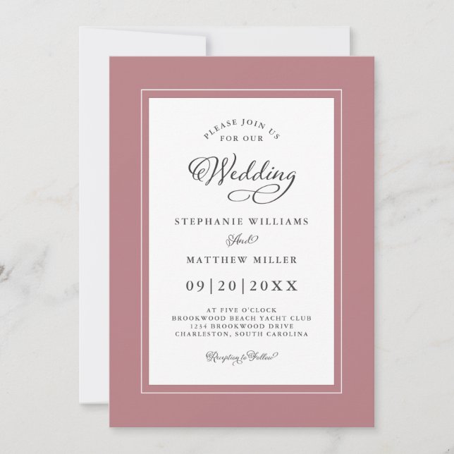 Chic Elegant Dusty Rose Wedding Modern Borders Invitation (Front)