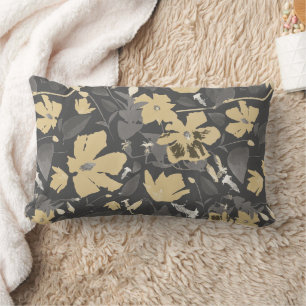 Chic Elegant Feminine Gold Grey Floral Pattern Lumbar Cushion