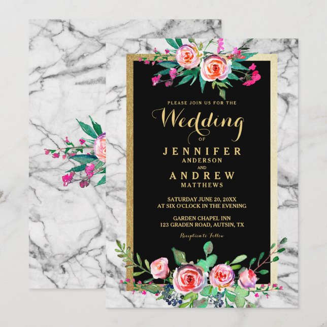 Chic Elegant Floral Marble Wedding Invite (Front/Back)