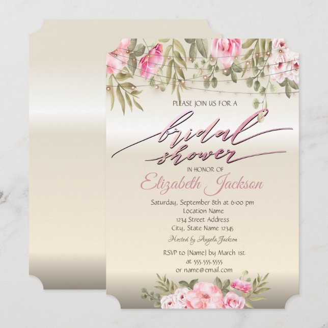 Chic Elegant Floral String Lights Bridal Shower Invitation (Front/Back)