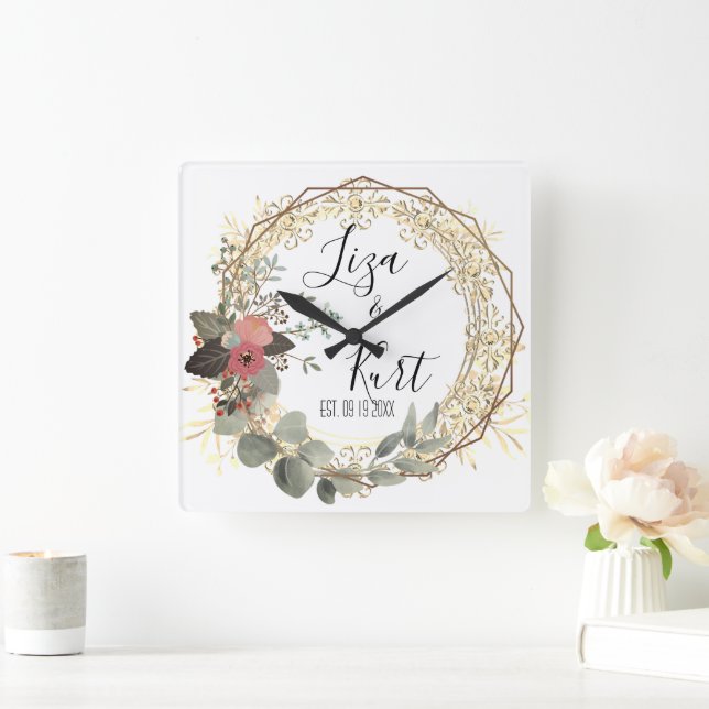 Chic Elegant Floral Wreath Wedding       Square Wall Clock (Home)