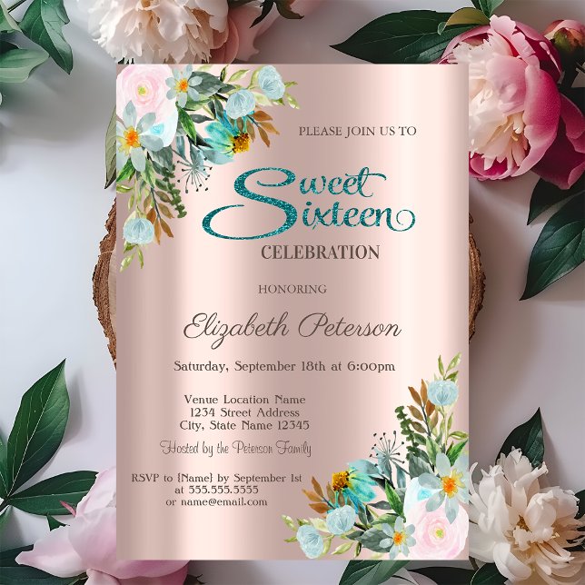 Chic Elegant Flowers Rose Gold  Sweet 16   Invitation (Creator Uploaded)