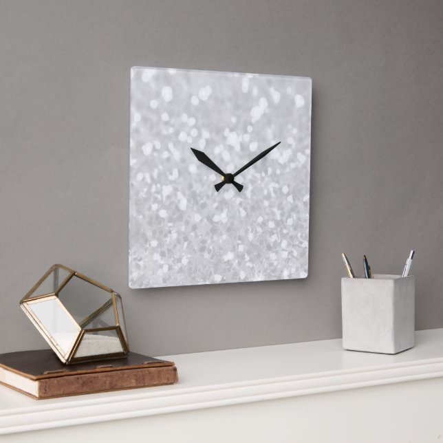 Chic elegant glamour White Faux Glitter Square Wall Clock (Office)