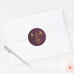 Chic Elegant Gold Christmas Tree Monogram Wedding Classic Round Sticker