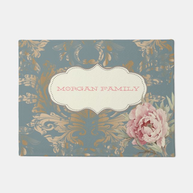 Chic Elegant Gold Damask Roses  Doormat (Front)