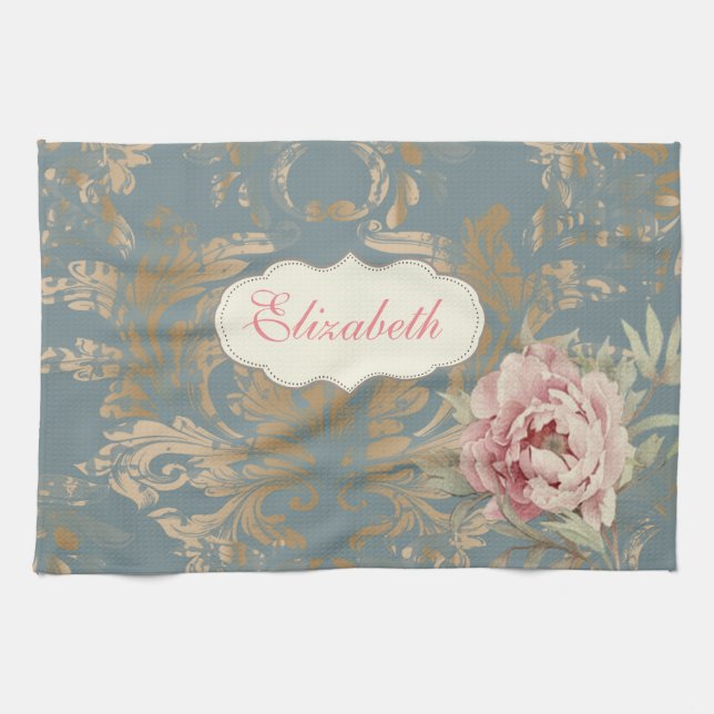 Chic Elegant Gold Damask Roses Tea Towel (Horizontal)