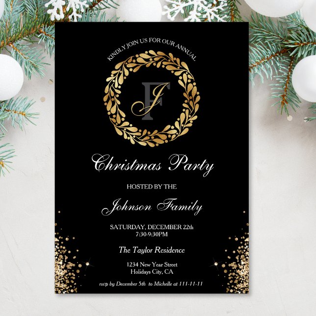 Chic Elegant Gold Monogram Wreath Christmas Party Invitation (gold glitter christmas wreath)