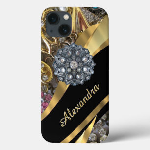 Chic elegant gold rhinestone bling personalised iPhone 13 case