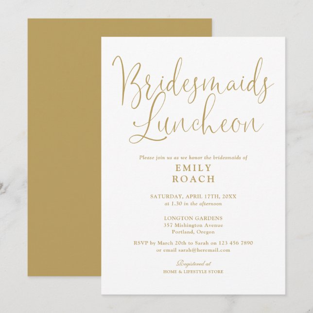 Chic Elegant Gold Script Bridesmaids Luncheon Invitation (Front/Back)