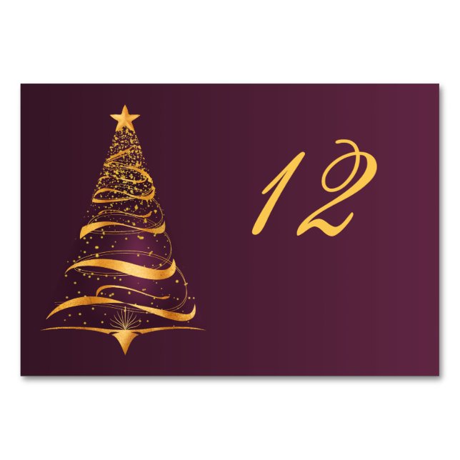 Chic Elegant Golden Christmas Tree Wedding Table Number (Front)