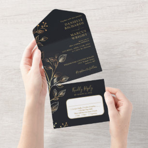 Chic Elegant Golden Floral Wedding  All In One Invitation