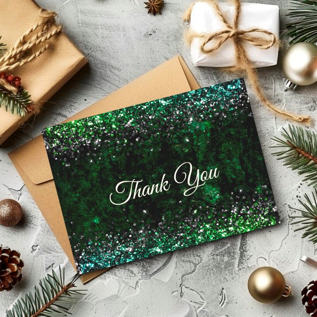 Chic elegant green marble art faux glitter  thank you card (Creator Uploaded)