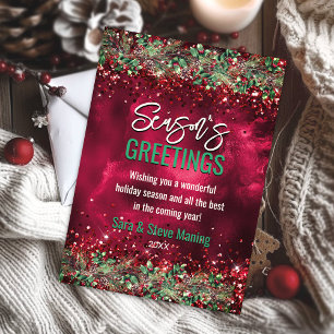 Chic elegant green red floral Christmas party Holiday Card