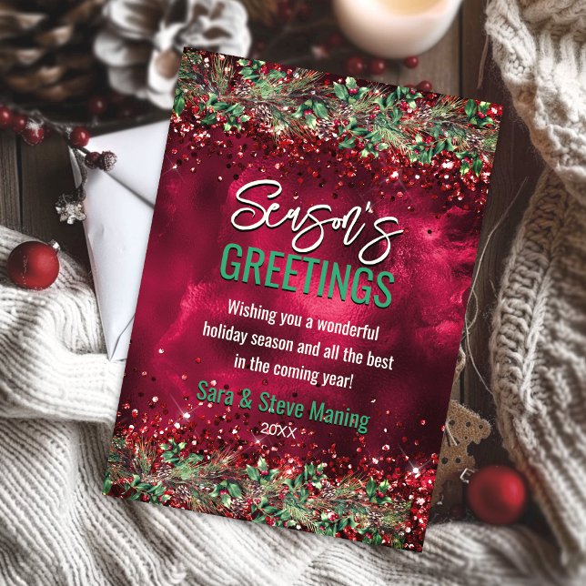 Chic elegant green red floral Christmas party Holiday Card (Creator Uploaded)