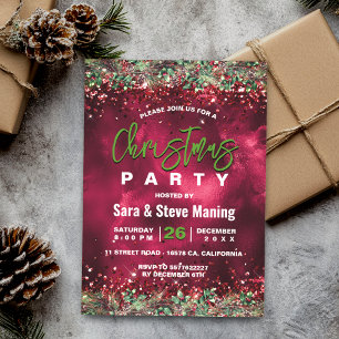Chic elegant green red floral Christmas party Invitation