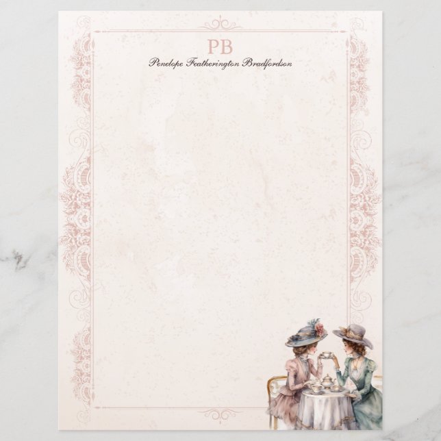 Chic Elegant High Tea Monogrammed Stationery Paper (Front)