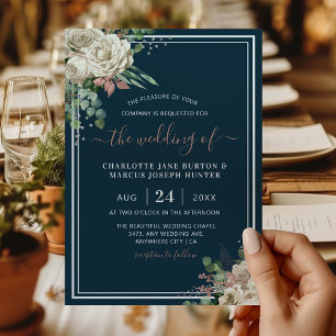 Chic Elegant Ivory & Blush Floral Navy Wedding Invitation