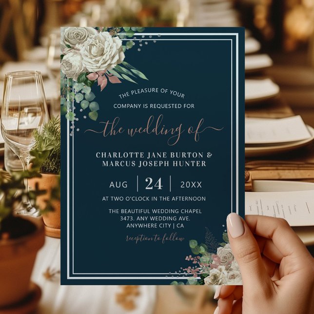 Chic Elegant Ivory & Blush Floral Navy Wedding Invitation (Creator Uploaded)