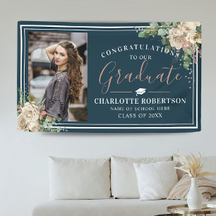 Chic Elegant Ivory & Blush Floral Photo Graduation Banner
