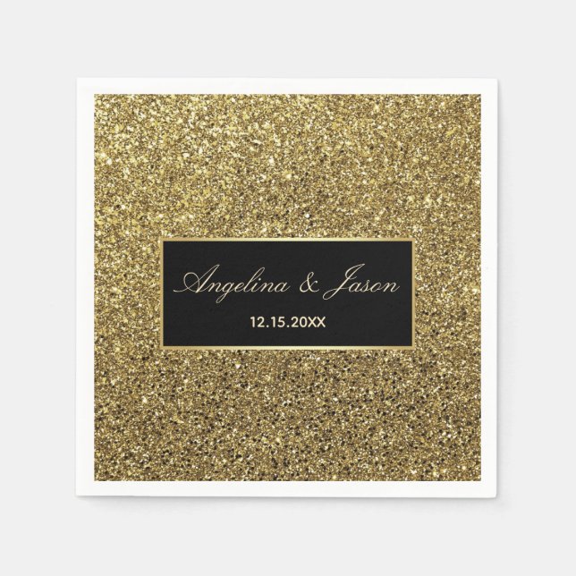 Chic Elegant Luxury Black and Gold Glitter Wedding Napkin (Front)