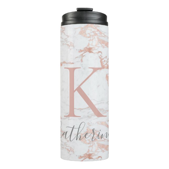 Chic Elegant Marble and Rose Gold Foil Monogram Thermal Tumbler (Front)