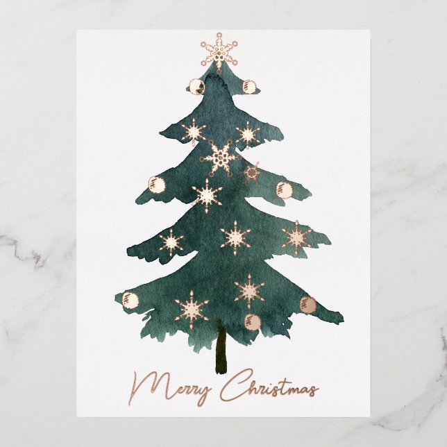 Chic Elegant Merry Christmas Tree Real Foil Holiday Postcard (Front)