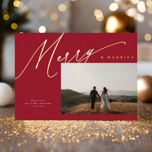 Chic Elegant Merry & Married One Photo Red + Gold