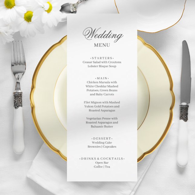 Chic elegant minimalist white gray wedding  menu (Creator Uploaded)