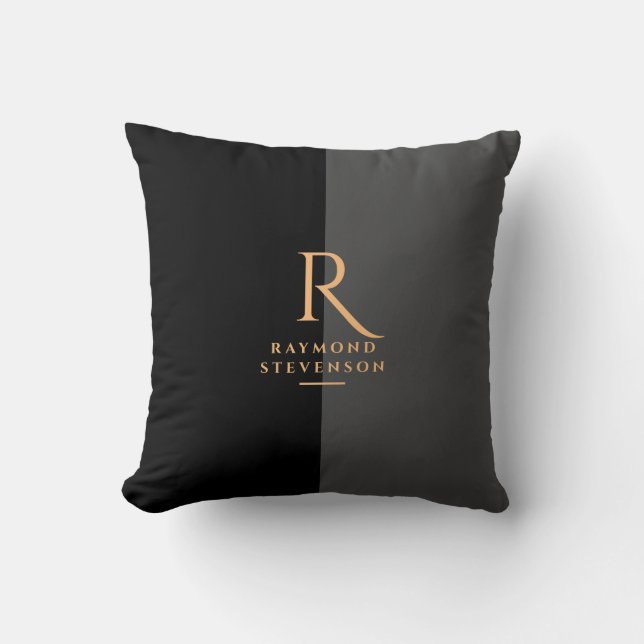 Chic Elegant Modern Black Gold Monogrammed Cushion (Front)