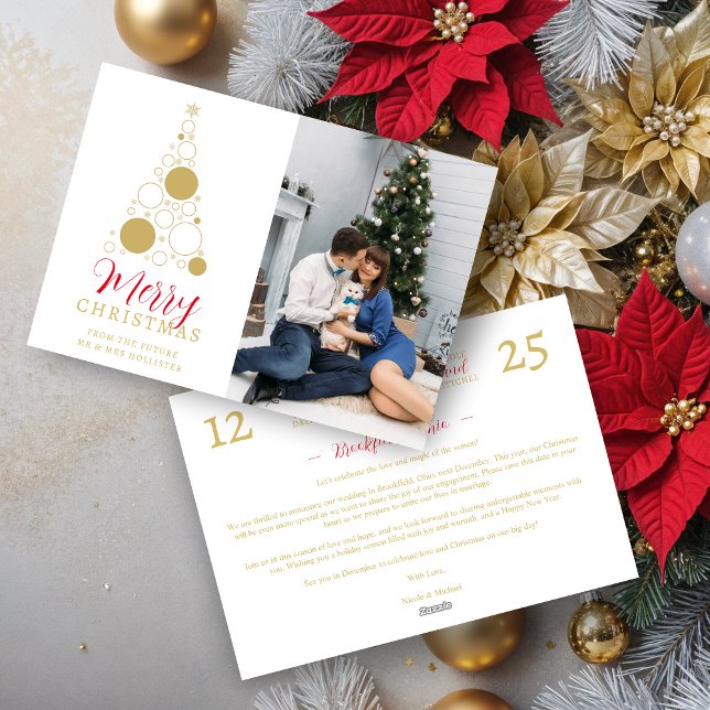 Chic Elegant Modern Wedding Christmas Tree Photo Holiday Card (Elegant Modern Wedding Christmas Tree Photo in Red and Fake Gold Holiday Cards as a Save the Dates)