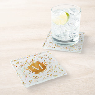 Chic elegant monogram gold berries pattern glass coaster