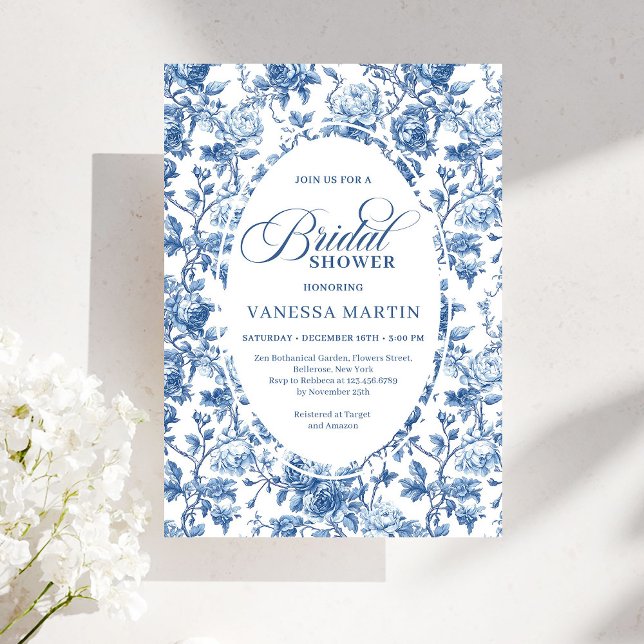 Chic Elegant Navy Toile de Jouy Rose Bridal Shower Invitation (Chic Elegant Navy Toile de Jouy Rose Bridal Shower Invitation)