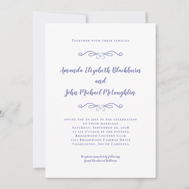 Chic Elegant Periwinkle Blue White Formal Wedding Invitation (Front)