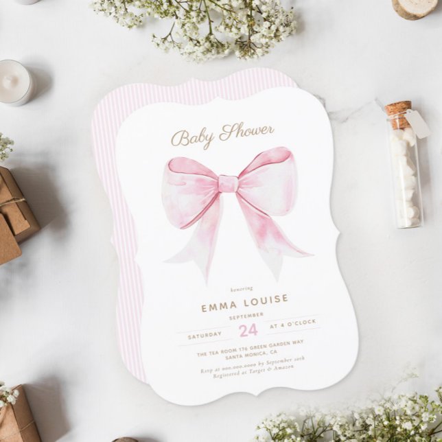 Chic Elegant Pink Coquette Bow Baby Shower Girl Invitation (Creator Uploaded)