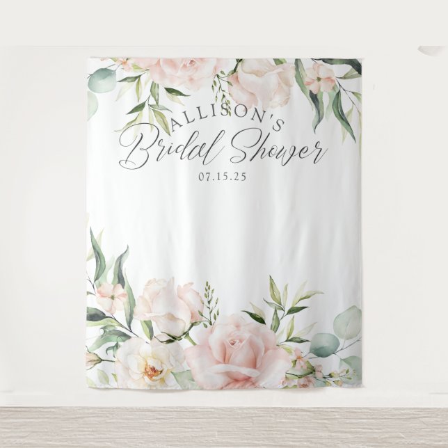 Chic elegant pink floral bridal shower backdrop tapestry (Front)