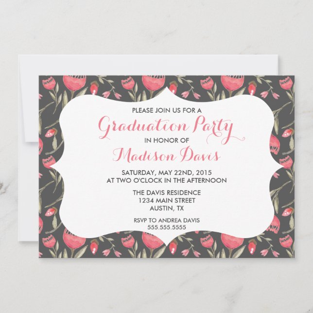 Chic Elegant Pink Floral Graduation Invitations (Front)