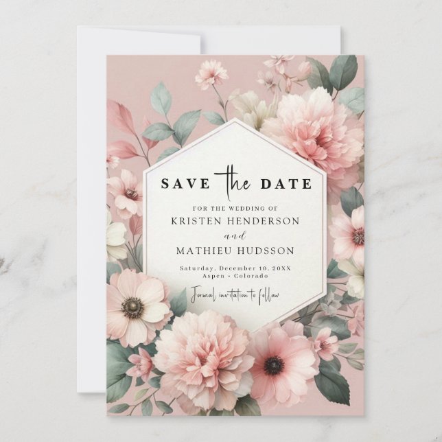 Chic Elegant Pink Floral Wedding  Save The Date (Front)