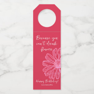 Chic Elegant Pink Flower Happy Birthday Wine Bottle Tag