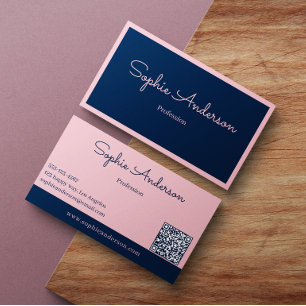 Chic Elegant Pink & Navy with QR Code Business Card