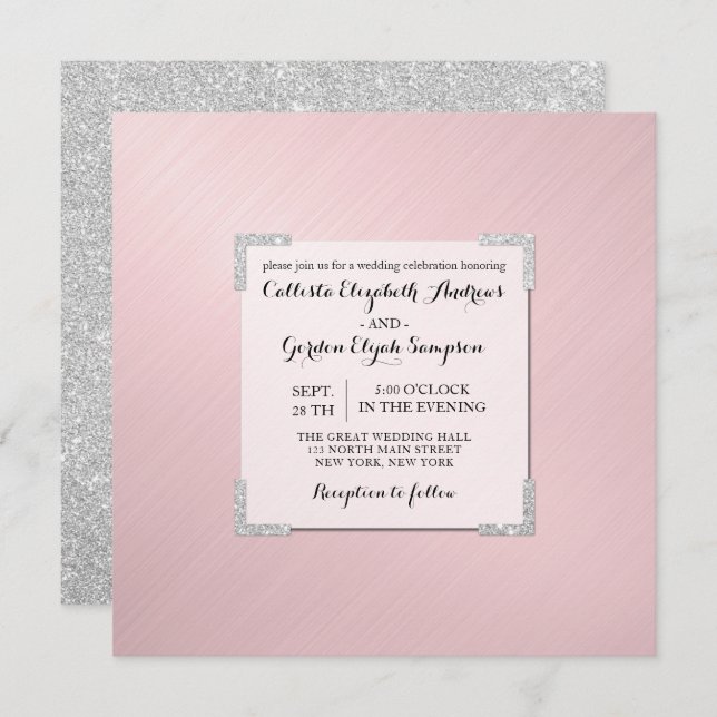 Chic Elegant Pink Silver Glitter Metallic Wedding Invitation (Front/Back)