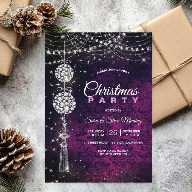 Chic elegant purple magenta ornaments Christmas Invitation (Creator Uploaded)