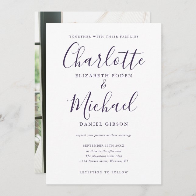 Chic Elegant Purple Script Photo Wedding Invitation (Front/Back)